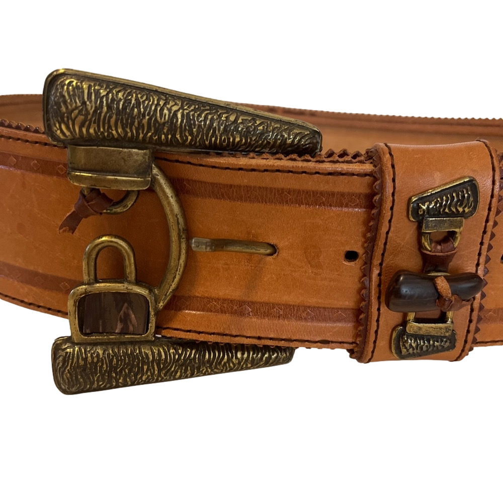 MINORONZONI Italian Vintage Leather Belt, Caramel Tan, Large Western Buckle, XL